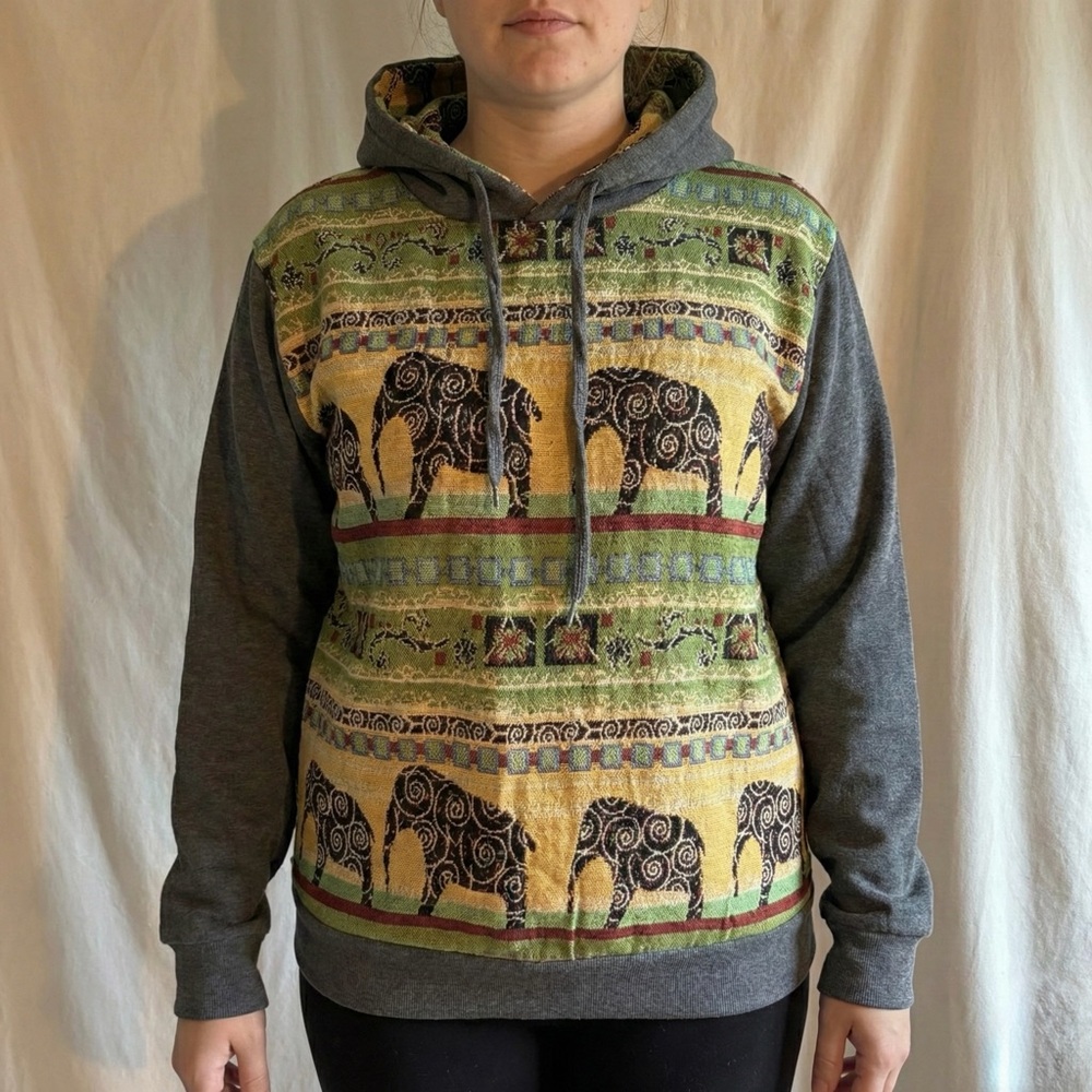Deer Gary Elephant Tapestry Hoodie Sweatshirt Large Boho Tribal Woven LIKE NEW!